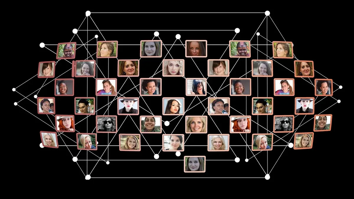 A network of interconnected nodes, each containing a small photo of a person's face, set against a black background.