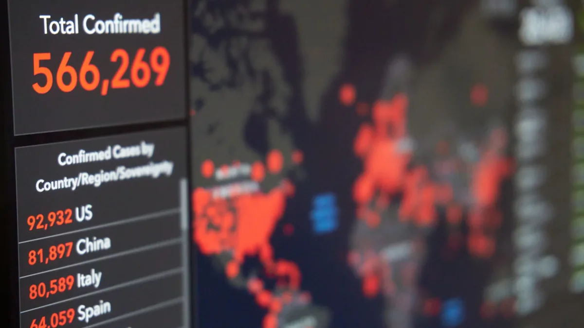 A digital display of a world map with red dots and numbers, accompanied by a list of countries and their corresponding numbers.