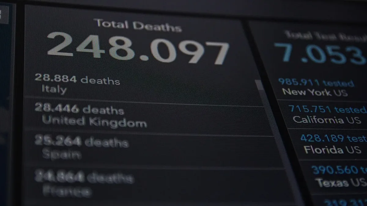 A computer screen displaying a list of countries and their corresponding number of deaths.