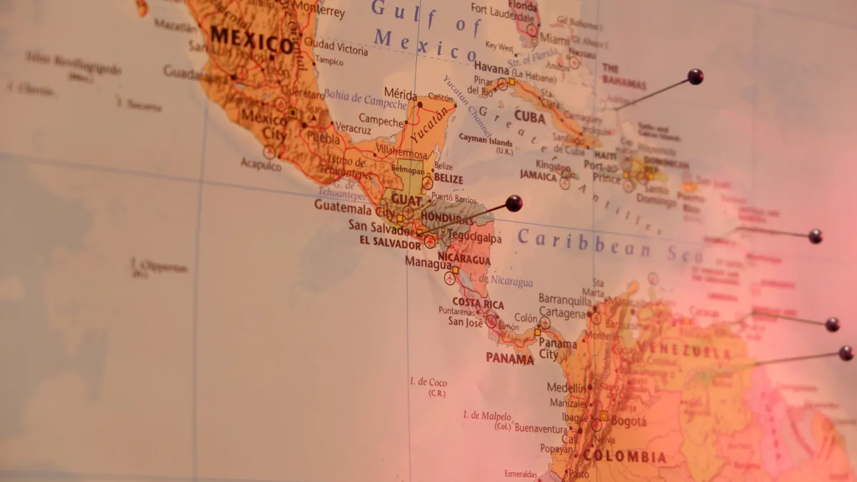A map of Central and South America, with the Gulf of Mexico and the Caribbean Sea visible.